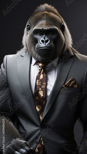 Gorilla in a Luxurious Colorful Professional Suit. Animal posing with a charismatic human attitude. Fun Concept in a Simple Plain Background. Creative Marketing and Branding Concept. photo