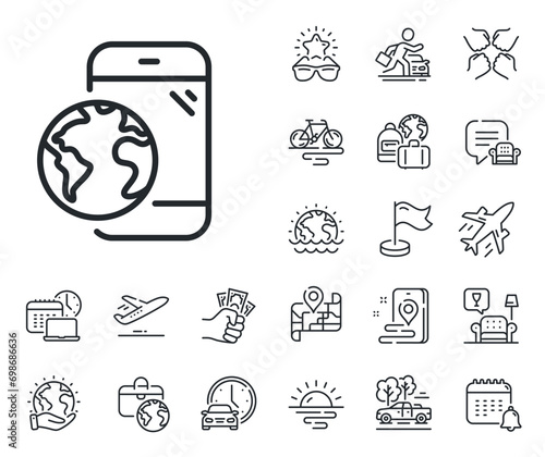 Online business sign. Plane jet, travel map and baggage claim outline icons. Mobile internet line icon. Phone device symbol. Mobile internet line sign. Car rental, taxi transport icon. Vector