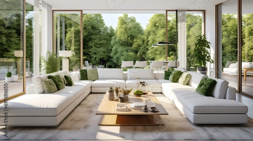 A spacious living room with floor-to-ceiling windows, showcasing a white sectional sofa, vibrant green throw pillows, and a glass coffee table, inviting the outdoors inside.