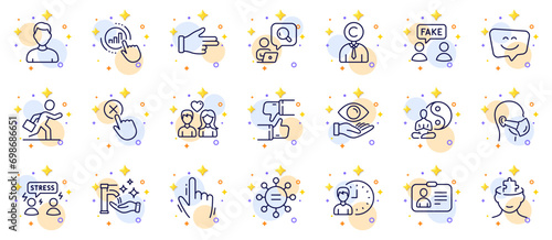 Outline set of Smile face, Yoga and Health eye line icons for web app. Include Working hours, Difficult stress, Cursor pictogram icons. Headshot, Businessman run, Like signs. Copyrighter. Vector