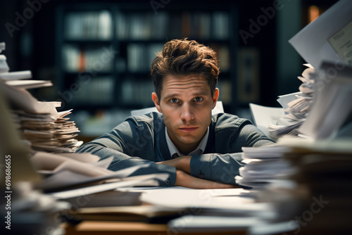 Portrait of a tired dark-haired man sitting at a desk with a lot of paper, folders and documents on it. Stress and chronic fatigue. photo