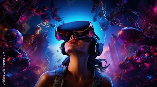 person wearing VR headsets enjoying a virtual reality world experience. Generative AI