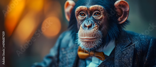 Funny concept holiday animal greeting card and Banner. Chimpanzee monkey in a suit and a jacket on a dark background