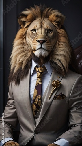 Lion in a Luxurious Colorful Professional Suit. Animal posing with a charismatic human attitude. Fun Concept in a Simple Plain Background. Creative Marketing and Branding Concept.