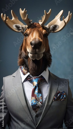 Moose in a Luxurious Colorful Professional Suit. Animal posing with a charismatic human attitude. Fun Concept in a Simple Plain Background. Creative Marketing and Branding Concept. photo