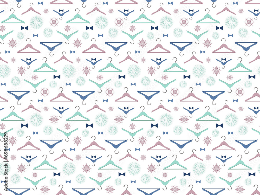 Repeating pattern mix of colored hangers and festive elements. Pink, green, blue color Repeating pattern mix of colored hangers and festive elements. Pink, green, blue color