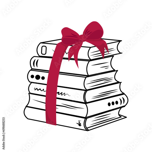 Stack of different books is tied with a red ribbon. Vector black line drawing