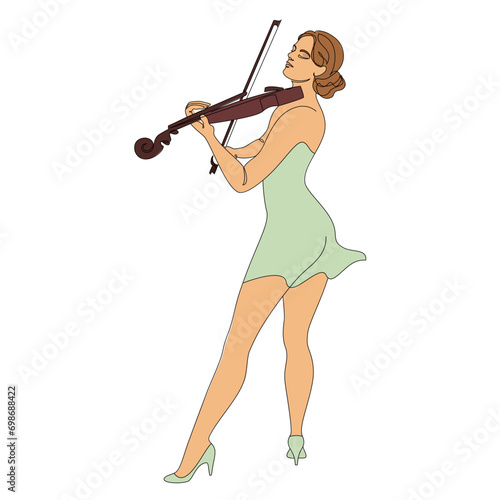 Silhouette of a beautiful woman with a violin in a modern continuous line style. Violinist girl, slender. Continuous line drawing, decor outline, posters, stickers, logo. Vector illustration