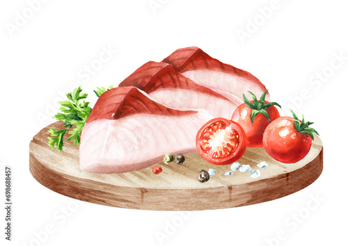 Fish greater amberjack raw fillet. Hand drawn watercolor illustration,  isolated on white background photo