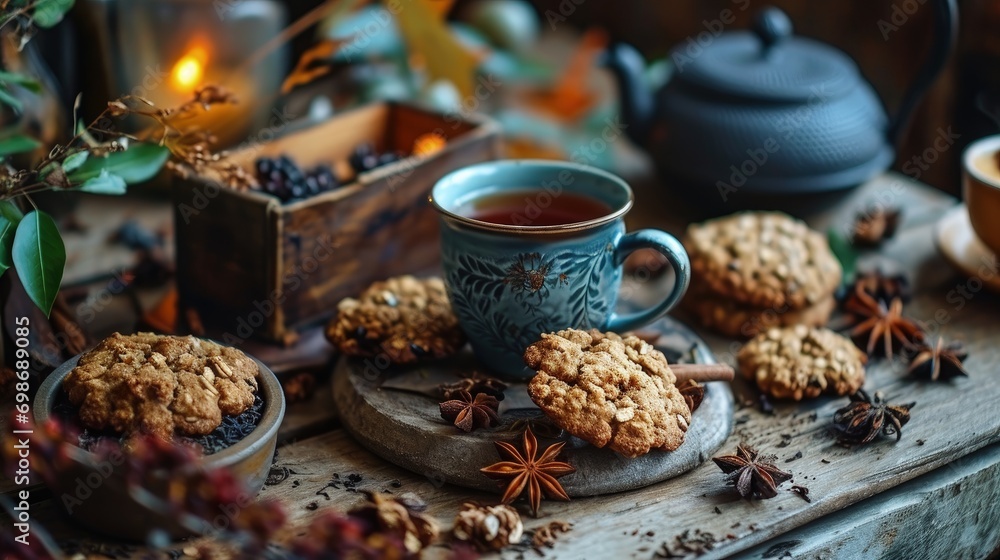 Table Full of Delicious Cookies and a Cup of Warm Tea