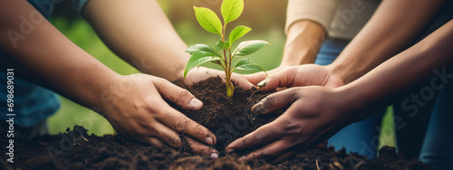 Growing a greener business. Shot of a group of hands holding a plant growing out of soil photo