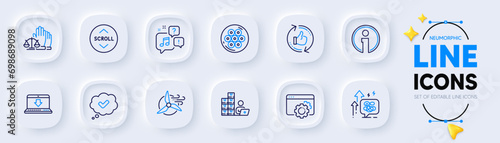 Approved, Seo gear and Info line icons for web app. Pack of Court jury, Scroll down, Stress grows pictogram icons. Cable section, Voicemail, Internet downloading signs. Windmill turbine. Vector