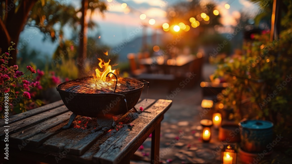 A Rustic BBQ Grill on a Wooden Table A Rustic BBQ Grill on a Wooden Table