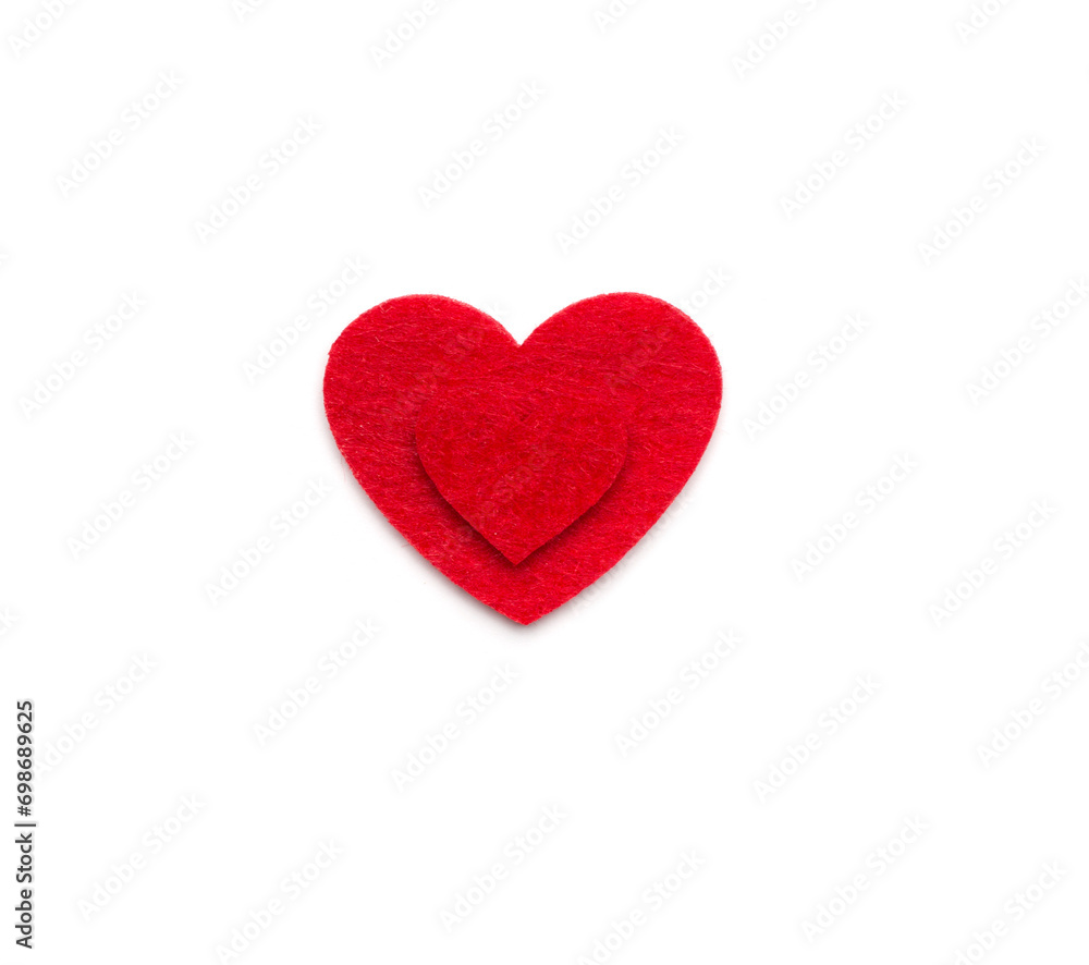 Felt red heart shapes isolated on white ,top view
