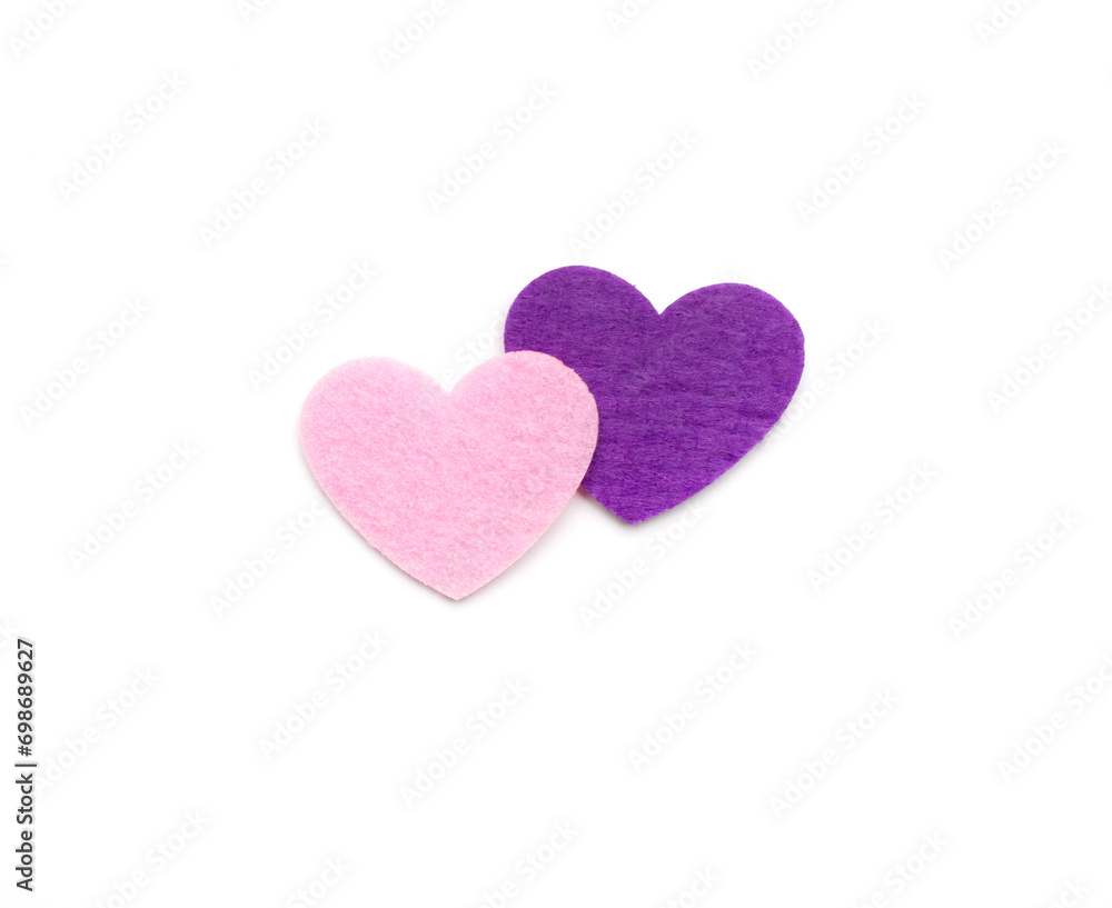 Felt hearts shapes isolated on white ,top view