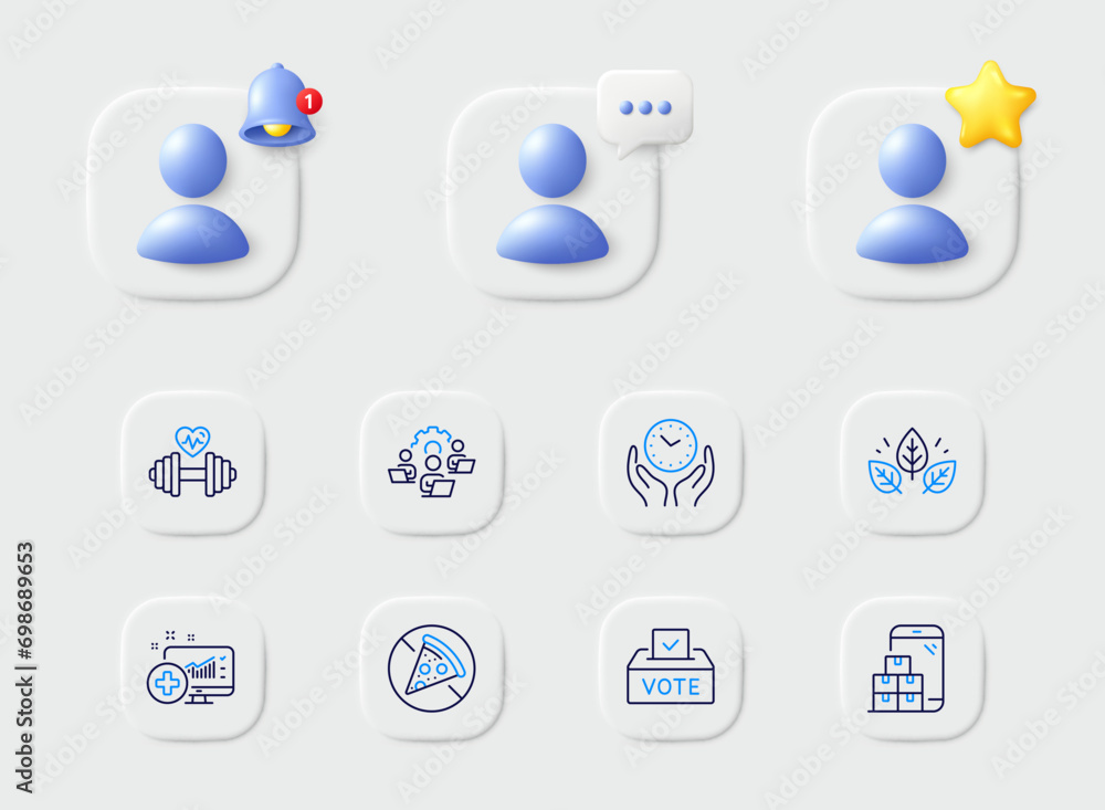 Safe time, Dumbbell and Mobile inventory line icons. Placeholder with 3d star, reminder bell, chat. Pack of Vote box, Teamwork, Prohibit food icon. Organic tested, Medical analytics pictogram. Vector Safe time, Dumbbell and Mobile inventory line icons. Placeholder with 3d star, reminder bell, chat. Pack of Vote box, Teamwork, Prohibit food icon. Organic tested, Medical analytics pictogram. Vector