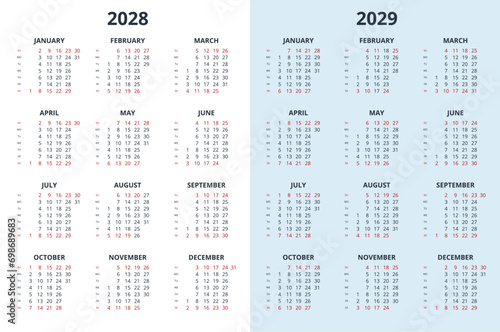 Calendar Planner for 2028, 2029. Calendar template for 2028, 2029. Corporate and business calendar 28, 29. Week Starts on Sunday