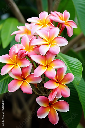 Plumeria. Shrubs with beautiful thick plumeria flowers