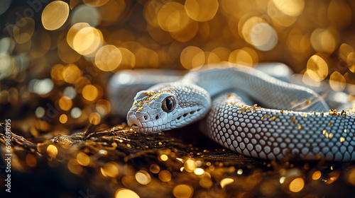Albino snake with blurred gold background, glitter and blurred background, white snake represent year of snake, happy Chinese new year,