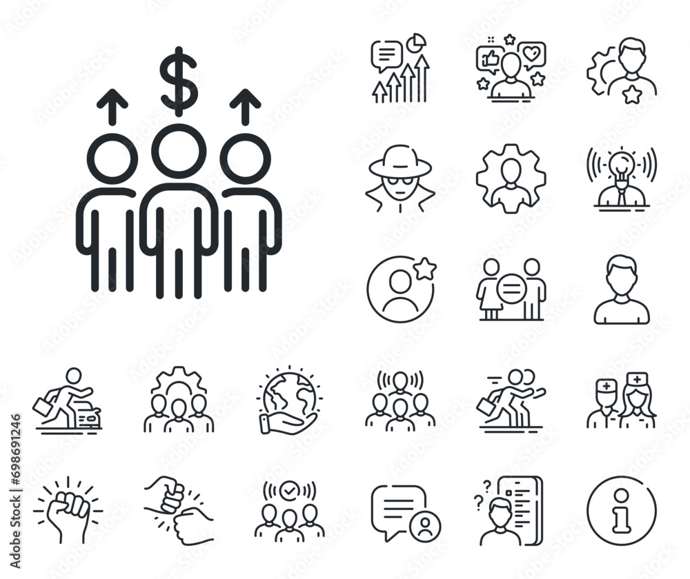 Business teamwork sign. Specialist, doctor and job competition outline icons. Meeting line icon. Group of people symbol. Meeting line sign. Avatar placeholder, spy headshot icon. Strike leader. Vector