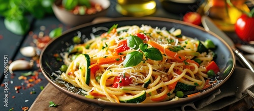 Italian pasta dish with vegetables: zucchini, carrots, red bell pepper, garlic, parmesan, and peas.