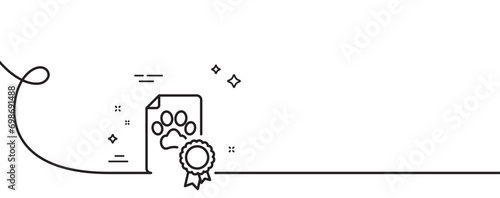 Dog competition certificate line icon. Continuous one line with curl. Pets award sign. Champion winner medal symbol. Dog certificate single outline ribbon. Loop curve pattern. Vector