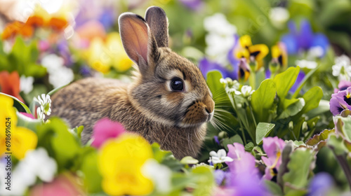 A close-up shot of a fluffy Easter bunny surrounded by a bed of vibrant spring flowers