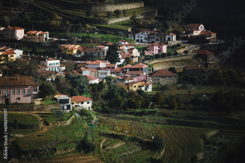 A Portuguese village in the hills of the Douro Valley in overcast weather.