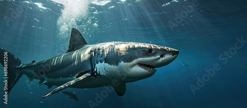 Underwater image of a stunning wild great white shark