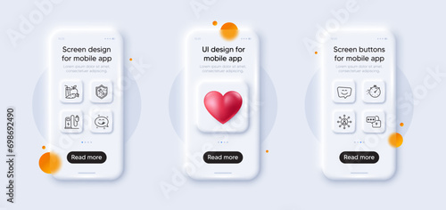 Smile face, Juice and Yummy smile line icons pack. 3d phone mockups with heart. Glass smartphone screen. Timer, Networking, Charging station web icon. Spanner, Lock pictogram. Vector
