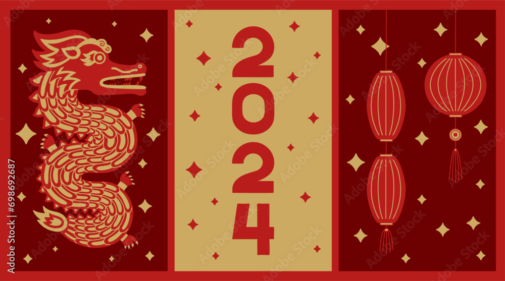 2024 Chinese new year, year of the dragon. Set of Chinese new year posters, greeting cards design with Chinese zodiac dragon, lanterns in red and gold colors