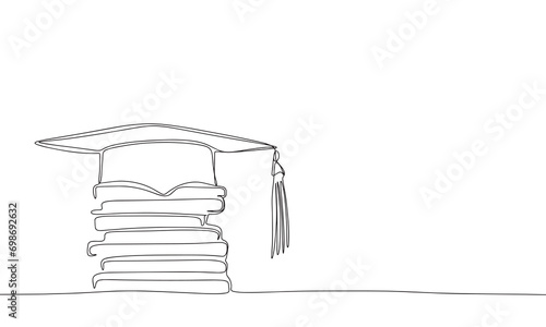 Graduation hat on books one line continuous. Line art graduation concept outline silhouette. Hand drawn vector art.