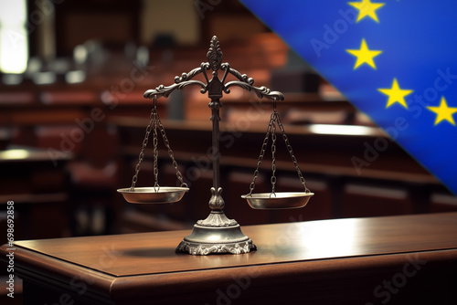 Court of European Union. Courtroom with Flag of Europe. Judicial scales in court. EU Supreme Court, Judiciary, Justice, Judicial Authority, Law. Scales of Justice of judge in court of European Union.