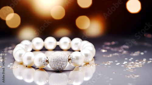 Pearl bracelet against glitter background. Visual escapism. Banner