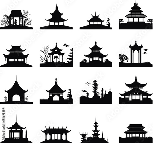 Silhouette Chinese architecture shape set on isolated. AI generated illustration.