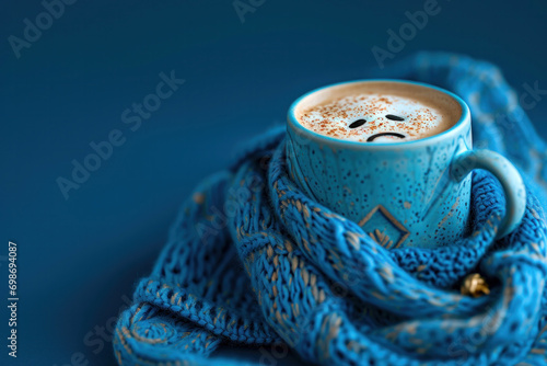 Blue Monday concept. Blue coffee cup with cappuccino coffee and blue scarf. photo