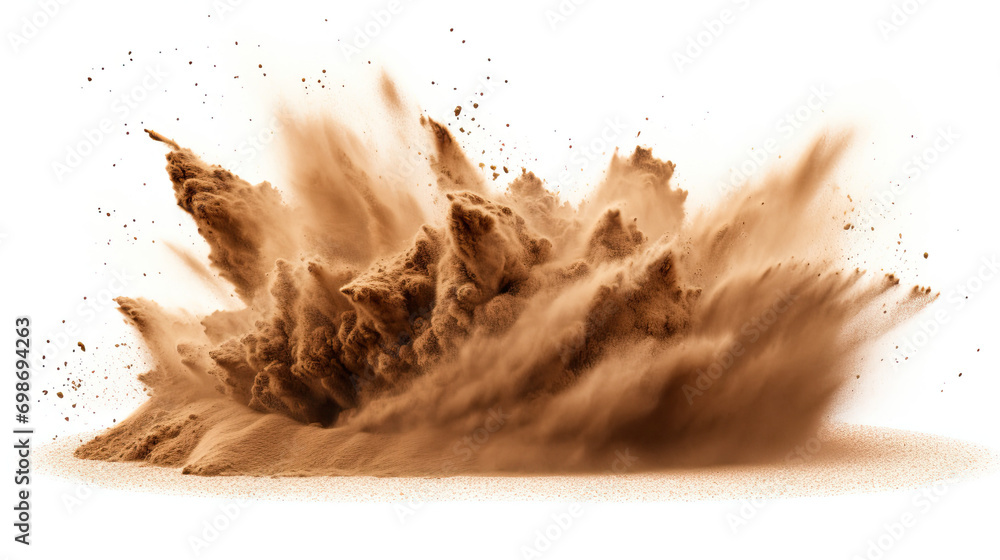 Sand explosion, with vibrant splashes of gold. Isolated on white background - obrazy, fototapety, plakaty 