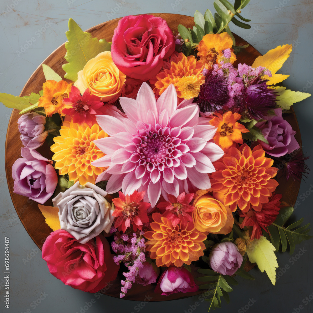 Joyful Blooms, a mandala featuring blooming flowers in a vibrant and joyful color scheme. The flowers in a circular pattern