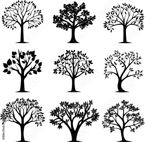 Collection of trees silhouettes. AI generated illustration.