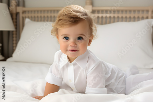 Cute little boy is sitting on white bed