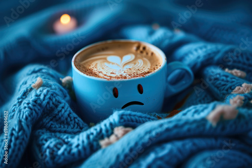 Blue Monday concept. Blue coffee cup with cappuccino coffee and blue scarf. photo