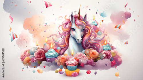 Unicorn with birthday cupcakes with candles and flowers fantasy Illustration in soft pastel colors. Children's greeting card template with copy space