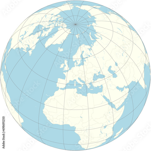 The orthographic projection of the world map with Liechtenstein at its center. a German-speaking microstate in Central Europe