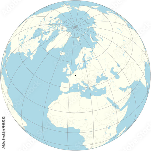 The orthographic projection of the world map with Luxembourg at its center. a small European country, surrounded by Belgium, France, and Germany #698695282
