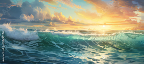 Oceanic Sunrise Dive, Photorealistic Waves in Light Cyan