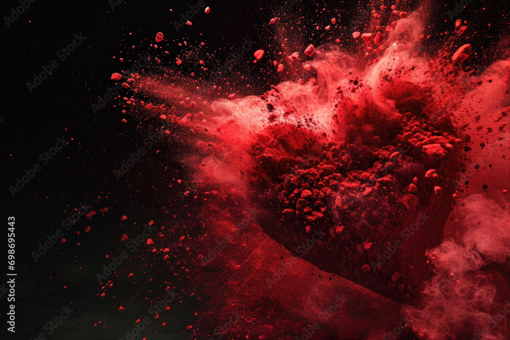 Red splash in the shape of a heart on black background. - obrazy, fototapety, plakaty 