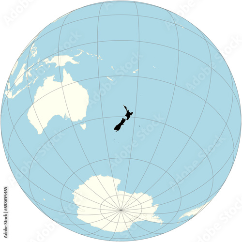 The orthographic projection of the world map with New Zealand at its center. a country in the southwestern Pacific Ocean, consisting of two main islands