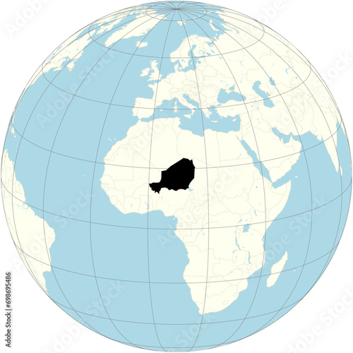 The orthographic projection of the world map with Niger at its center. a landlocked country in West Africa named after the Niger River photo