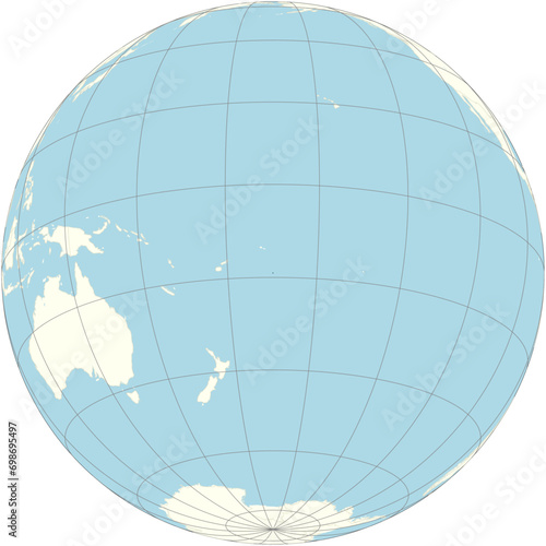 The orthographic projection of the world map with Niue at its center. a small island nation in the South Pacific Ocean