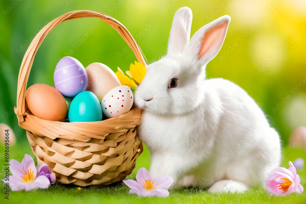 Bunny and easter eggs on green grass - Illustration Bunny and easter eggs on green grass - Illustration